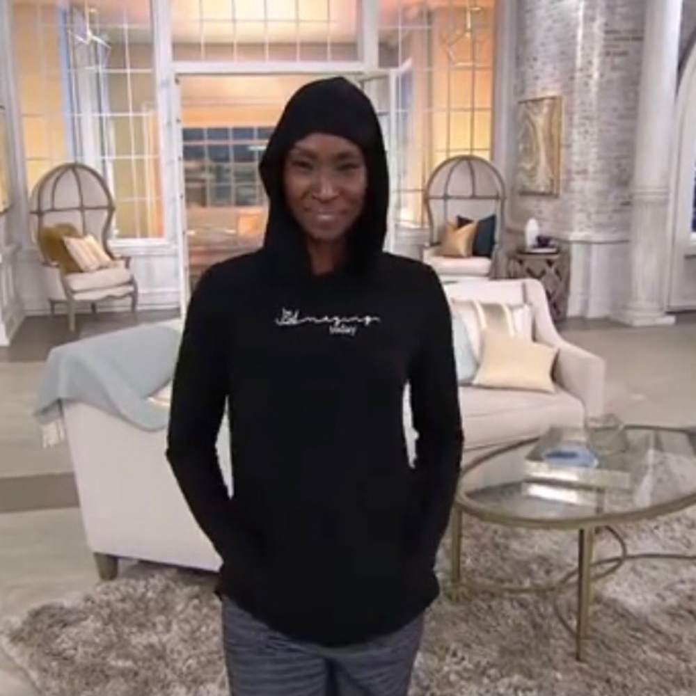 Anybody cozy knit jersey message hoodie with thumb holes, size S, black